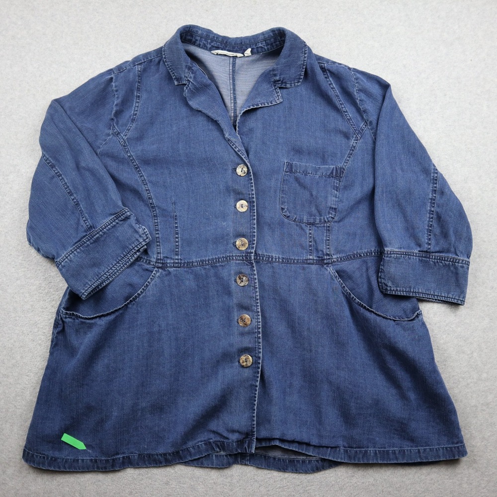 Soft Surroundings Shirt Top Womens 2X Tunic Blue Button Down 3/4 Sleeve Tencel